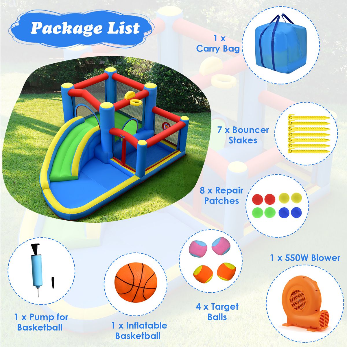 Kids' Inflatable Water Slide Bounce Castle (With or Without Blower) - with 550W Blower