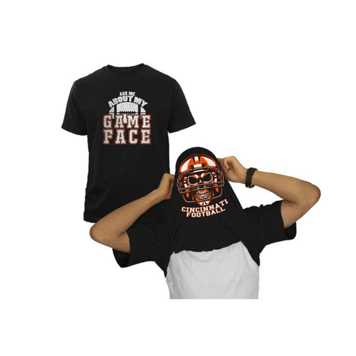 Men's Football Game Face Skull with Helmet Graphic Flip T-Shirt - Cincinnati / Black / MD
