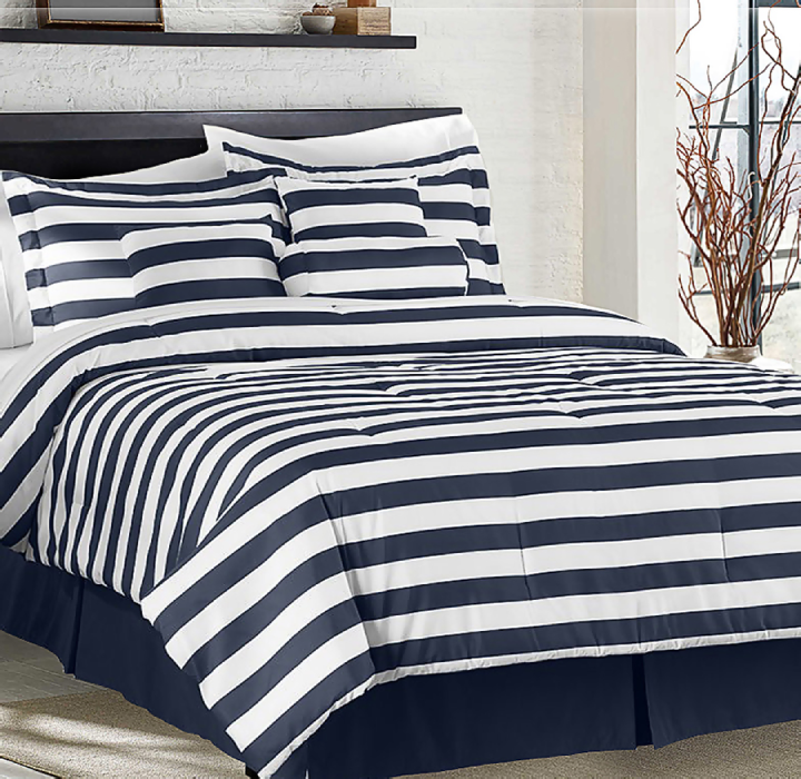 Printed 7-Piece Fashion Comforter Set - Stripe - Queen - Navy