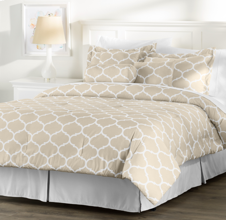 Printed 7-Piece Fashion Comforter Set - Trellis - Queen - Taupe