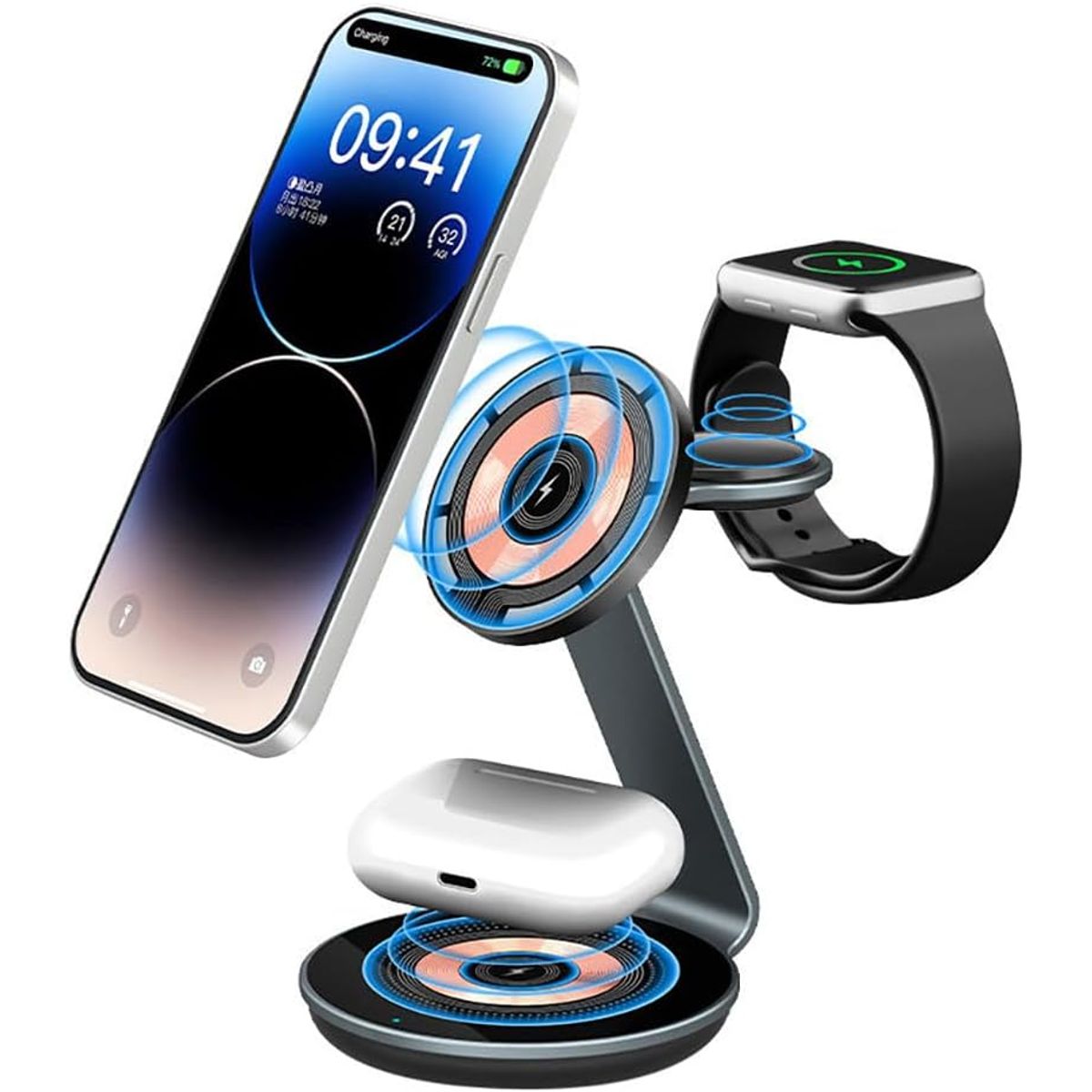 3-in-1 Aluminum Alloy 15W Fast Charger Stand - 3 in 1 Charer Apple 15W Transparent