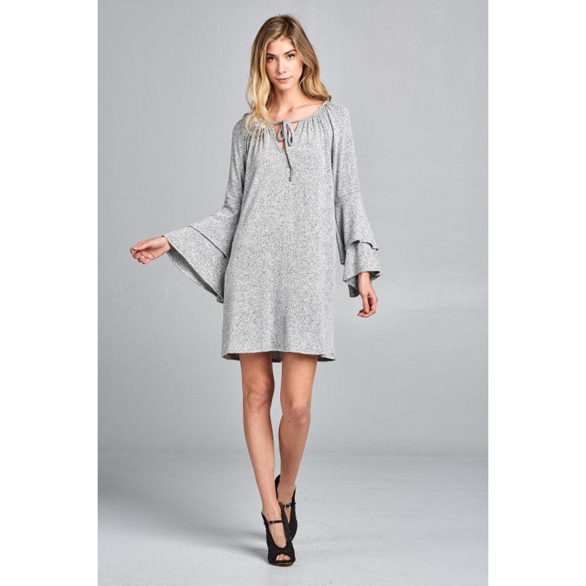 Women's Bell Sleeve Keyhole Dress - Light Grey / Small (2-6)