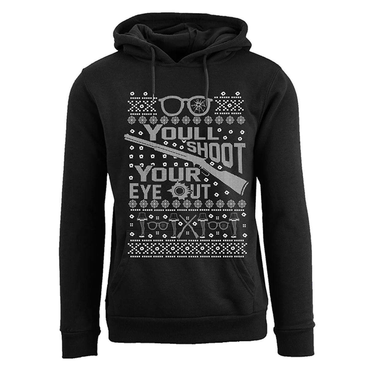 Men's Funny Ugly Holiday Pull Over Hoodie - You'll Shoot Your Eye Out - Black / L
