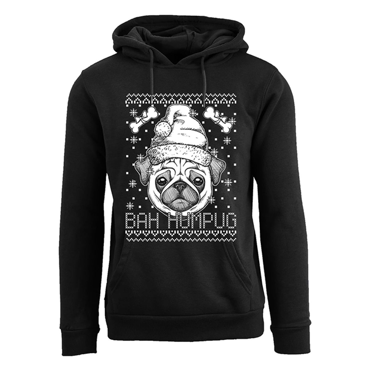 Men's Funny Ugly Holiday Pull Over Hoodie - Bah Humpug - Black / 2XL