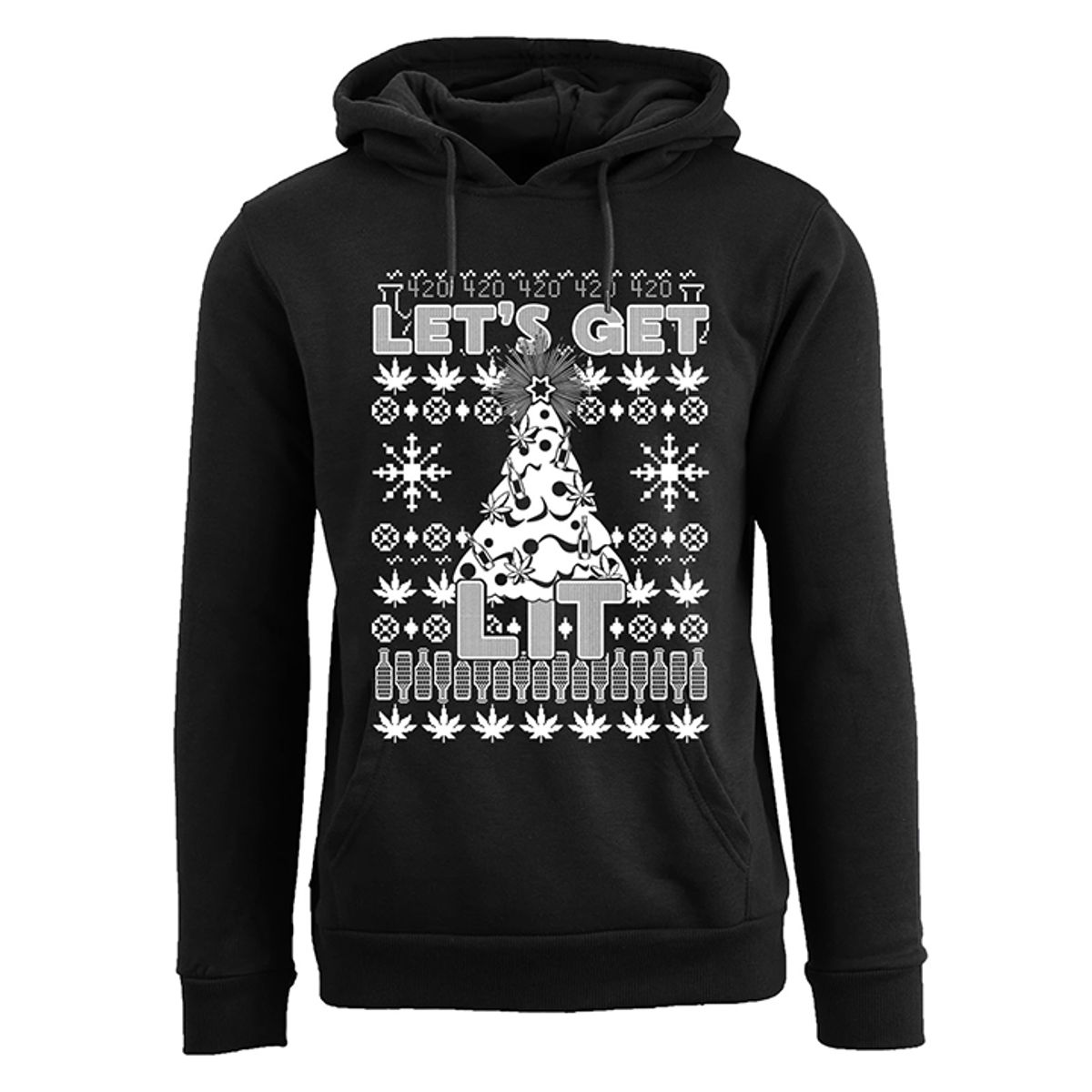 Men's Funny Ugly Holiday Pull Over Hoodie - Let's Get Lit - Black / XL