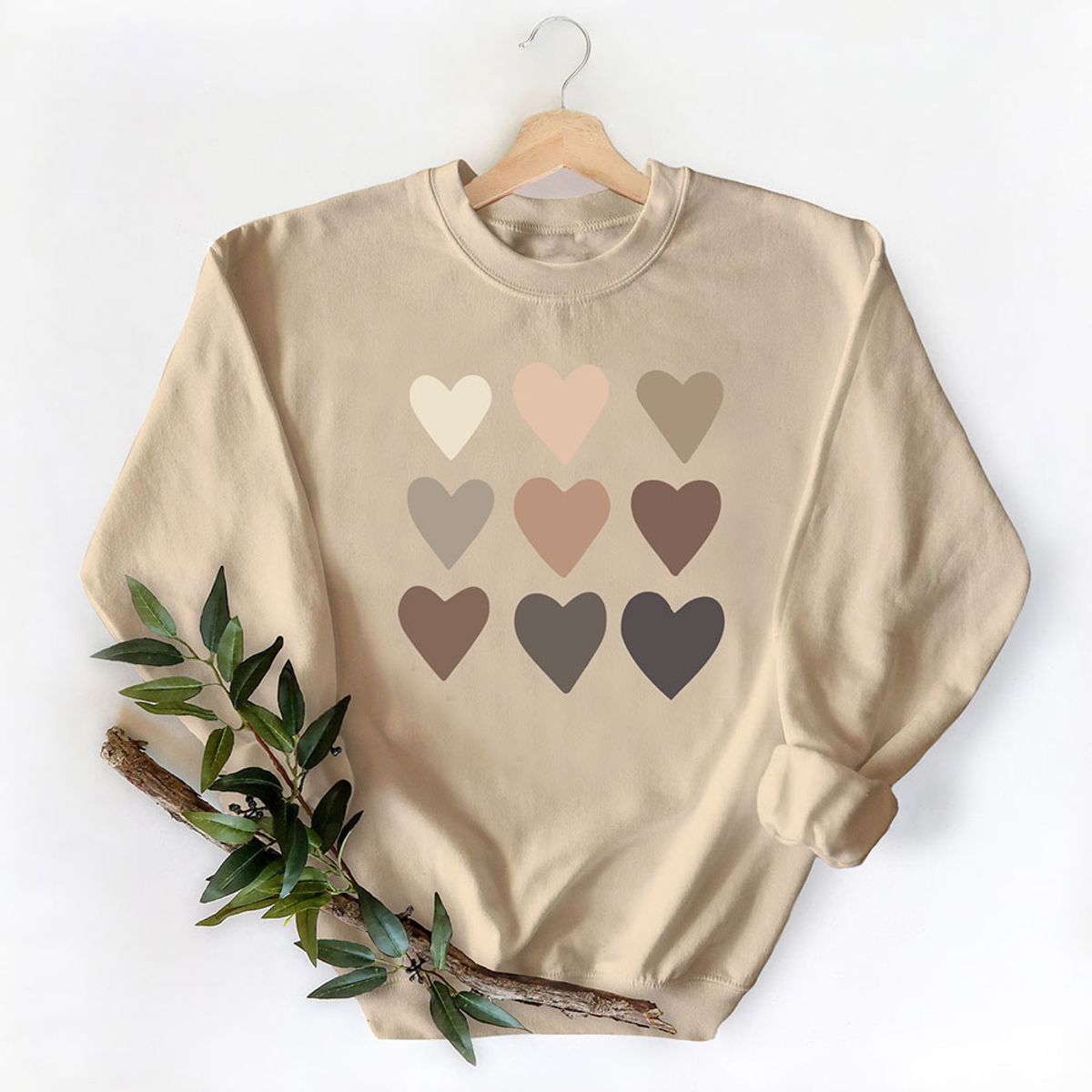 Women's Valentine's Day Sweatshirt - Nine Brown Hearts - Sand / M