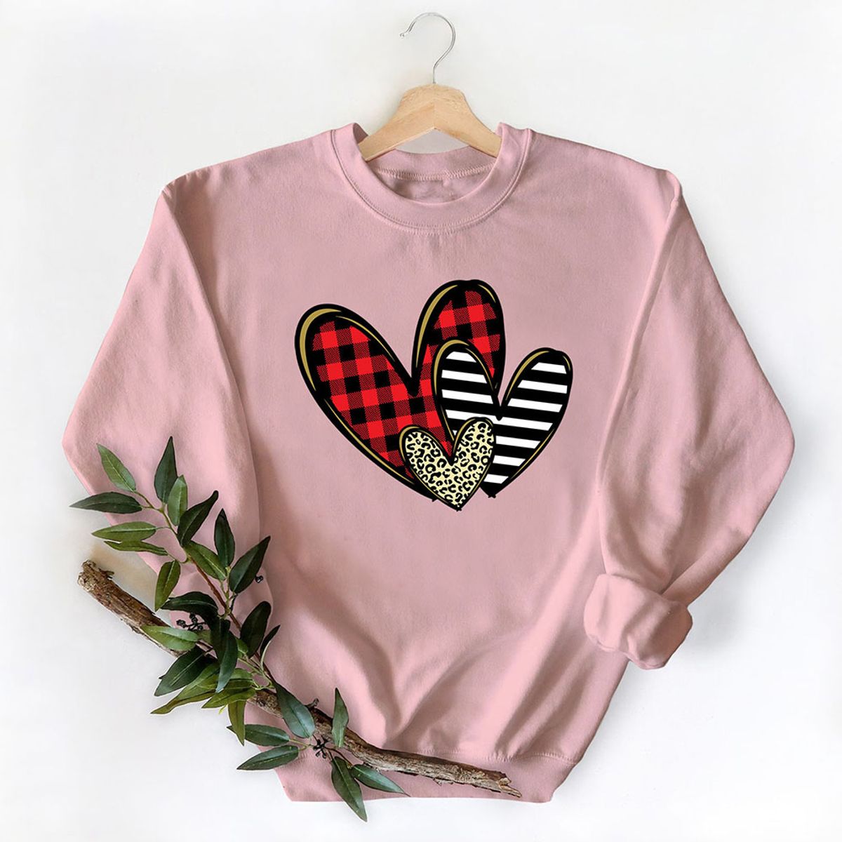 Women's Valentine's Day Sweatshirt - Plaid Stripe Cheeta Heart - Pink / S