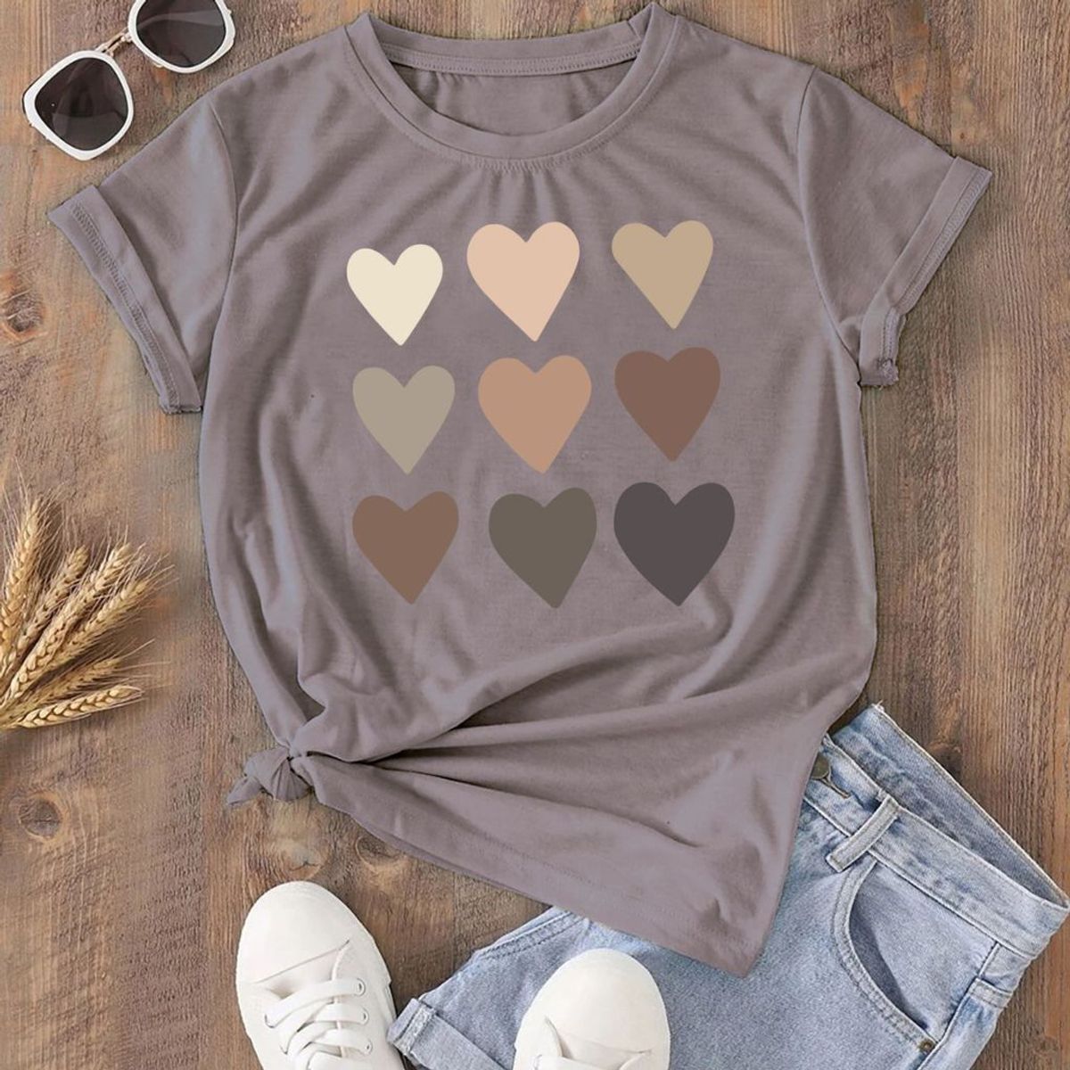 Women's Valentine's Day T-Shirt - Large - Pebble - Brown Hearts