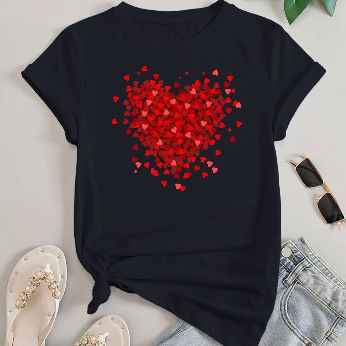 Women's Valentine's Day T-Shirt - Small - Black - Hearts Burst