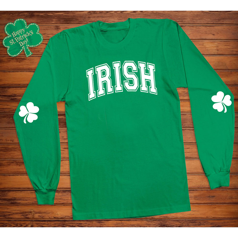 Mens St Patricks Day Long Sleeve Shirt  IRISH College  KGreenWhite Prt  L