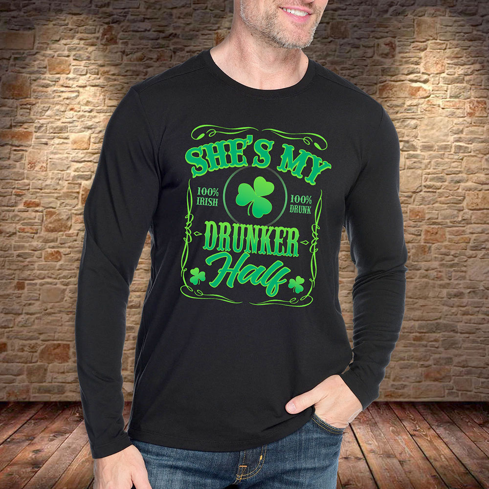 Men's St. Patrick's Day Long Sleeve Shirt - She's My Drunker Half - Black / 2XL