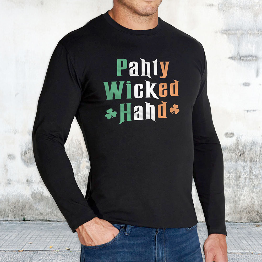 Men's St. Patrick's Day Long Sleeve Shirt - Pahty Wicked Hahd - Black / 2XL