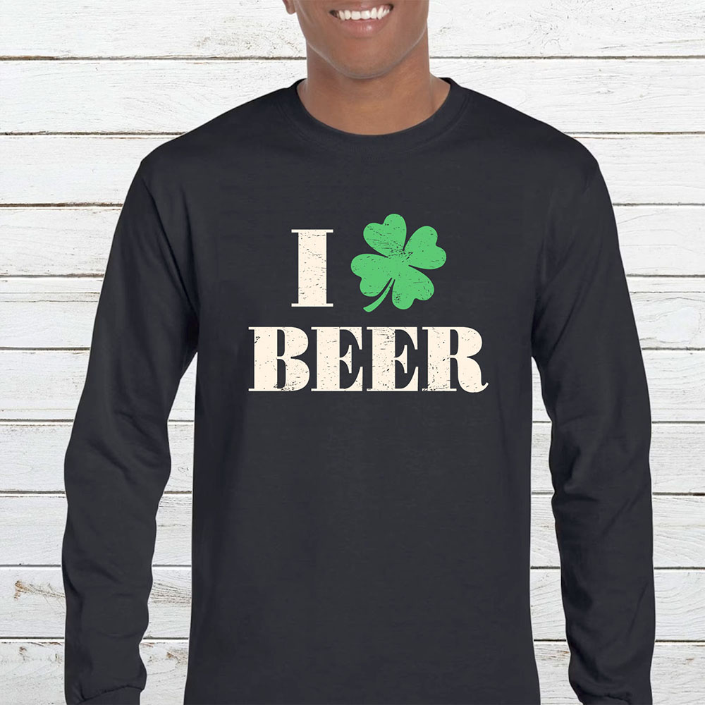 Mens St Patricks Day Long Sleeve Shirt  I Four Leaf Clover Beer  BlackWhiteGreen Prt  M