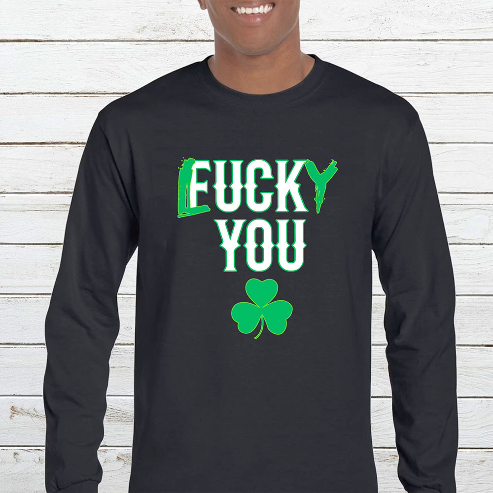 Men's St. Patrick's Day Long Sleeve Shirt - Flucky You - Black / XL