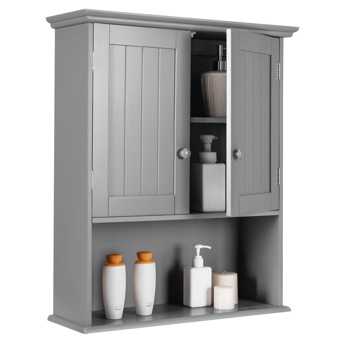 Wall-Mounted Bathroom Cabinet Storage Organizer with Doors & Shelves - Grey