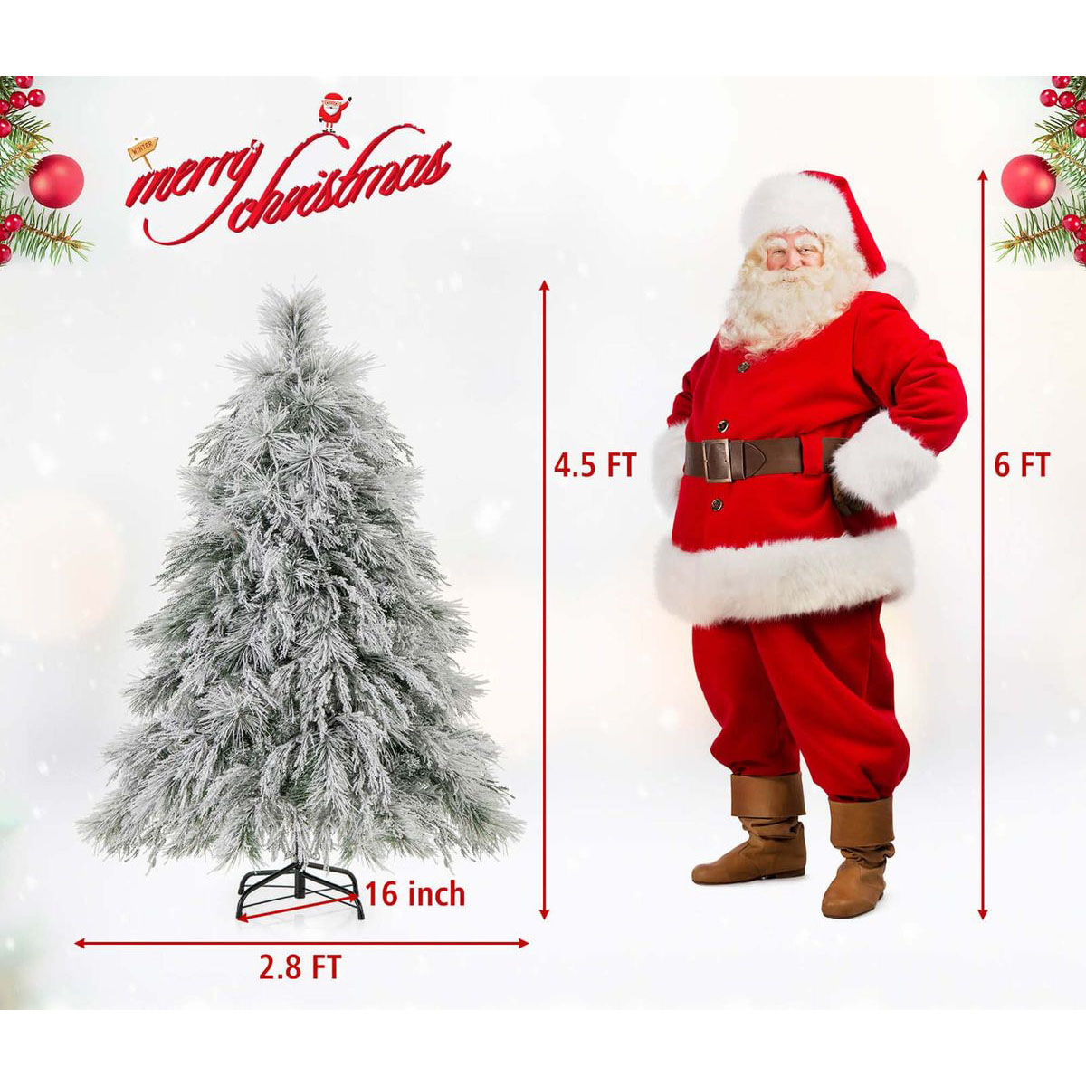 4.5/6/7-Foot Pre-Lit Snow Flocked Christmas Tree with Warm White LED Lights - 4.5ft. Christmas Tree