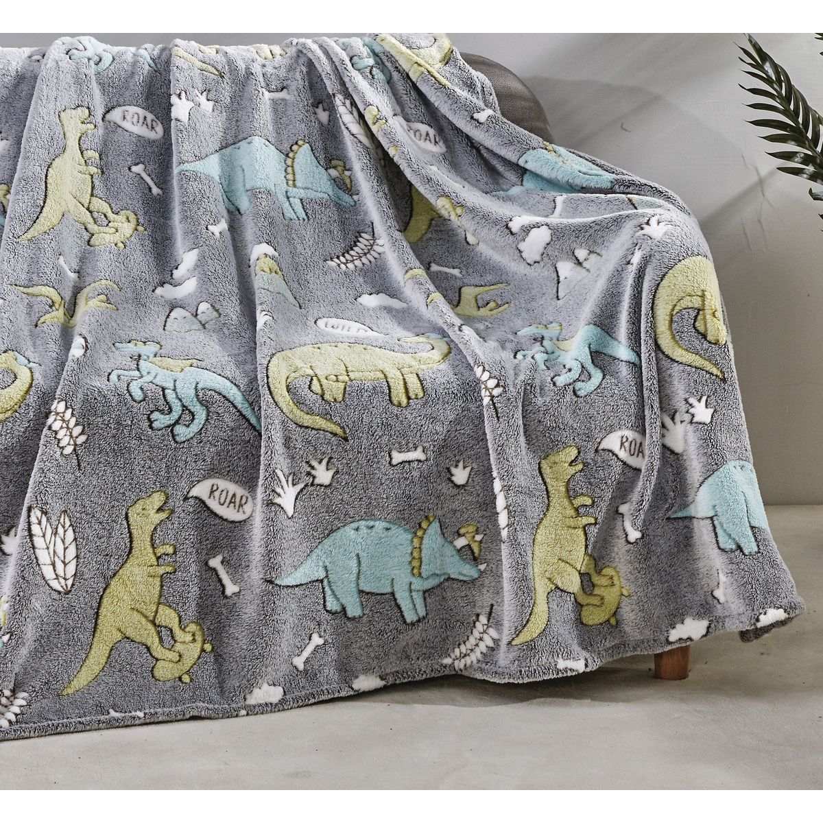 Glow-in-the-Dark 50 x 60-Inch Throw Blanket - Grey Dino