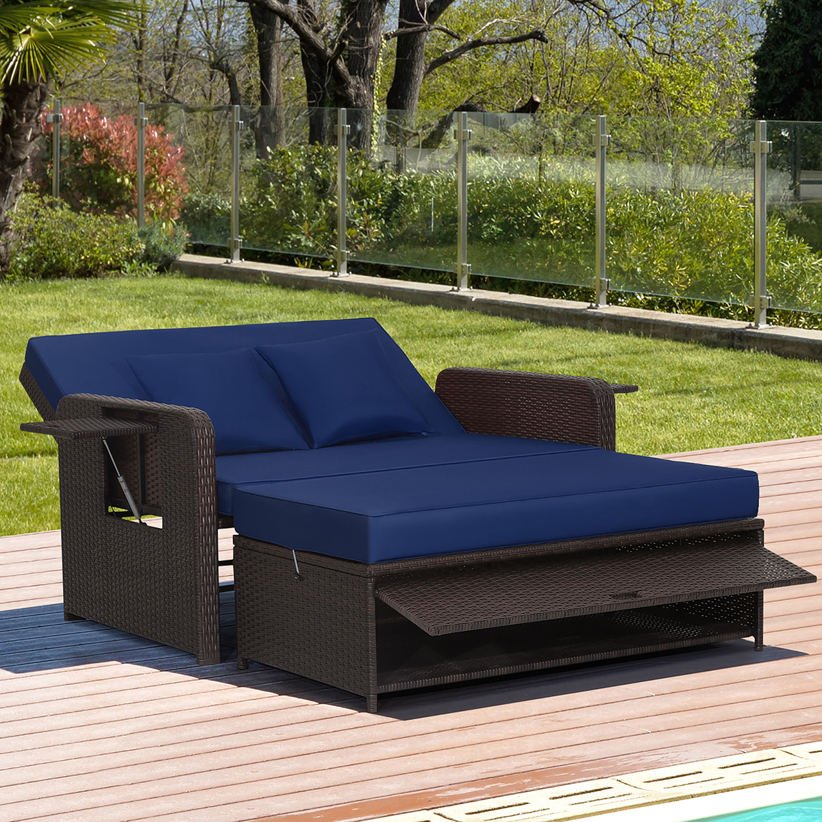 Patio Rattan Daybed with 4-Level Adjustable Backrest & Retractable Side Tray - Rattan Daybed NY