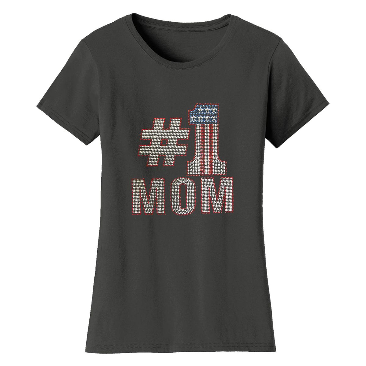 Mother’s Day Rhinestone Bling T Shirt - Women's Mother's Day Rhinestone Bling T-shirts - NO 1 Mom - Charcoal / 2XL