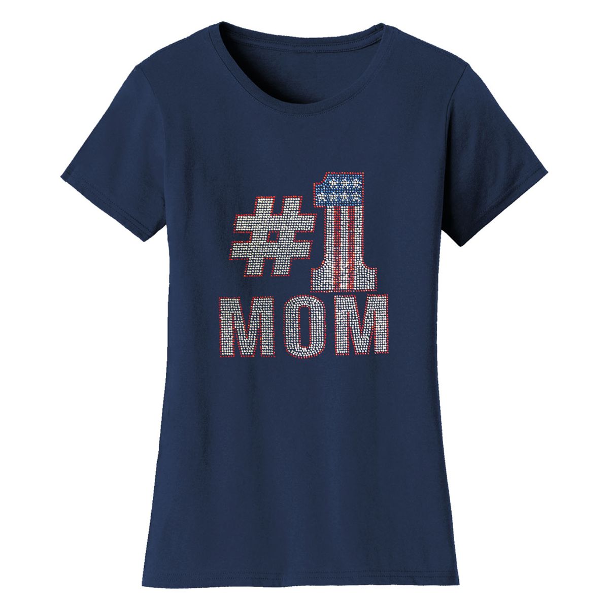 Mother’s Day Rhinestone Bling T Shirt - Women's Mother's Day Rhinestone Bling T-shirts - NO 1 Mom - Navy / L