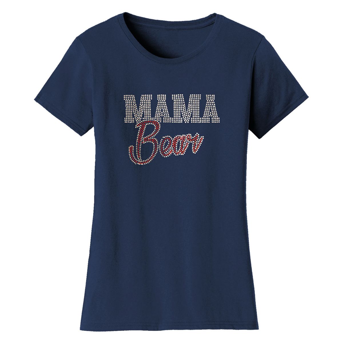 Mother’s Day Rhinestone Bling T Shirt - Women's Mother's Day Rhinestone Bling T-shirts - Mama Bear Script - Navy / XL