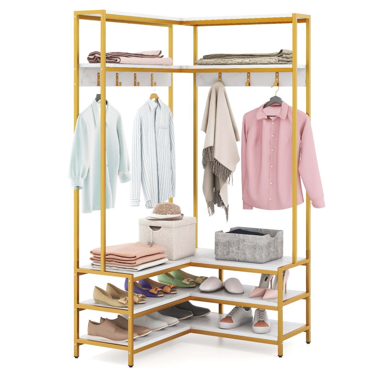 Corner Garment Rack with Open Shelves and 7 Hooks & Shoe Bench - Clothes Rack-White