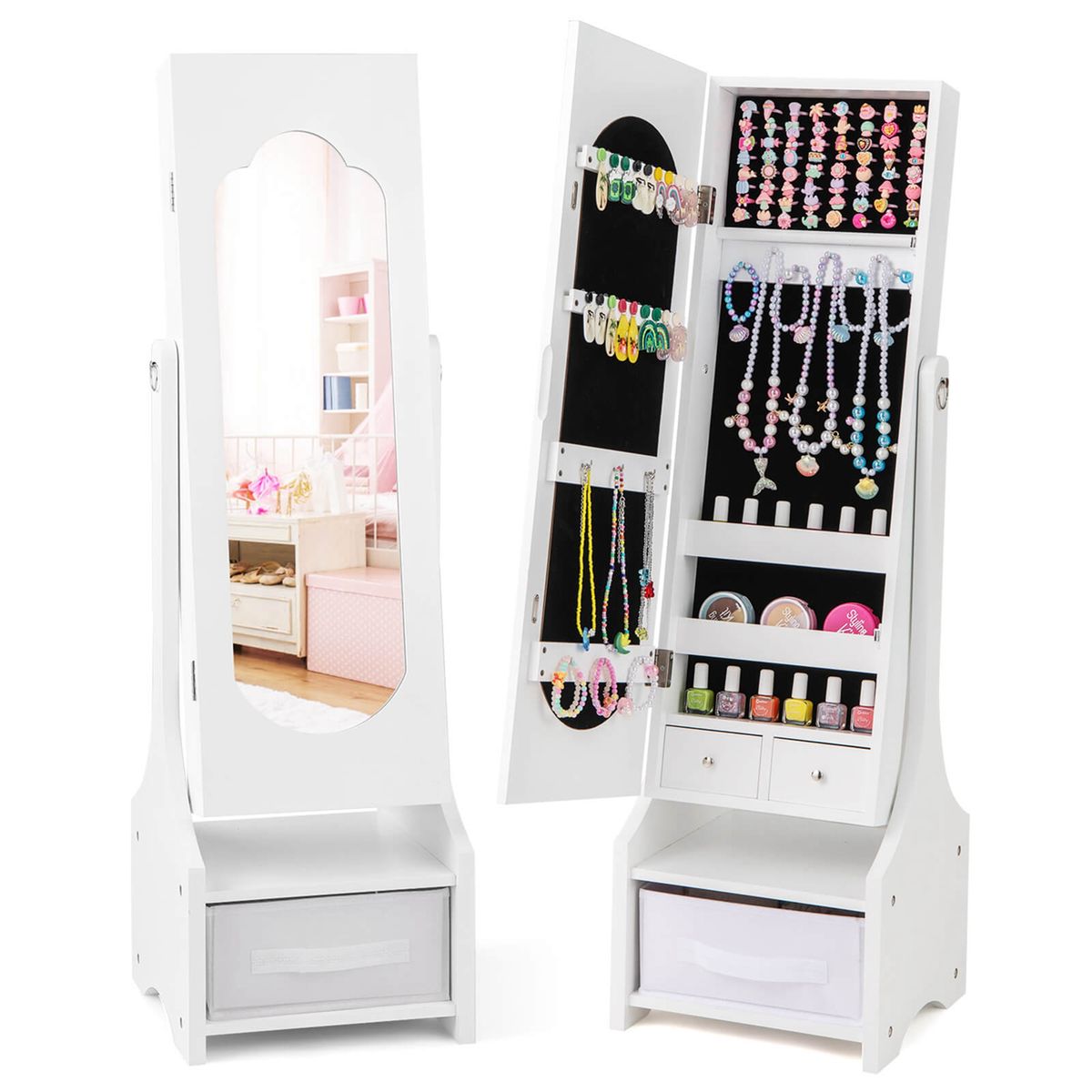 Kids' Freestanding Jewelry Armoire Cabinet Mirror with Storage - Jewelry-White