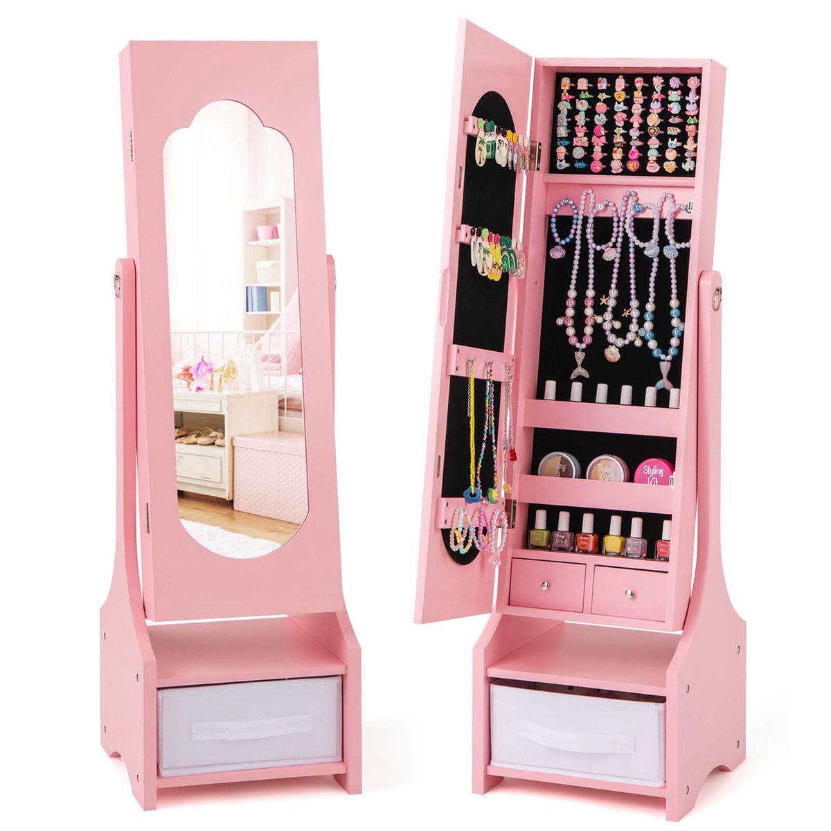Kids' Freestanding Jewelry Armoire Cabinet Mirror with Storage - Jewelry-pink