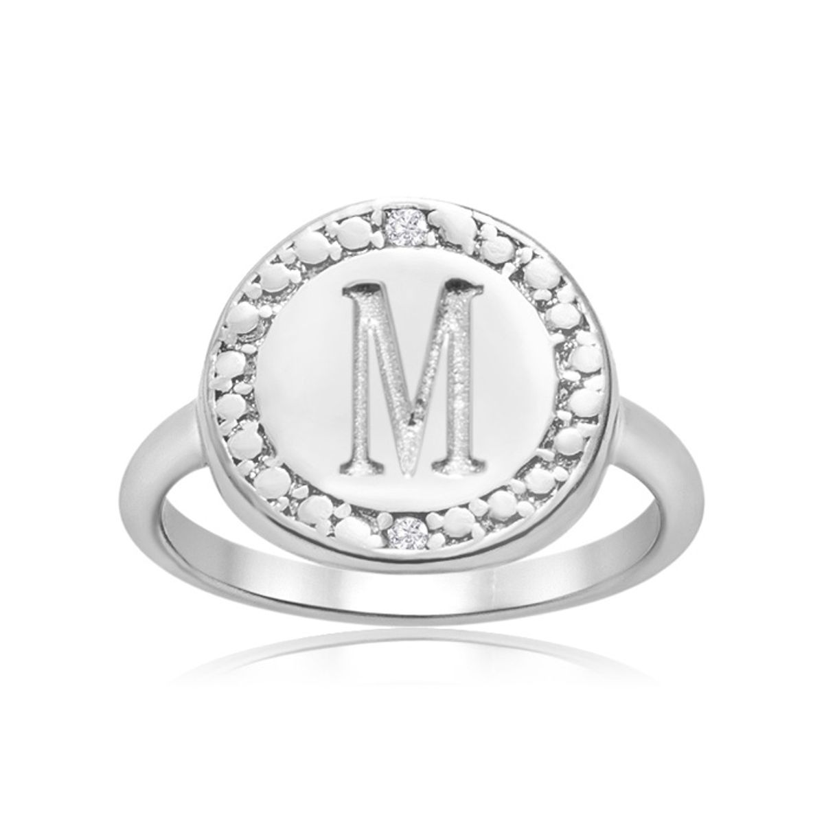 Initial Diamond Pinkie Ring in Sterling Silver - "M" Initial Diamond Pinkie Ring Size 5