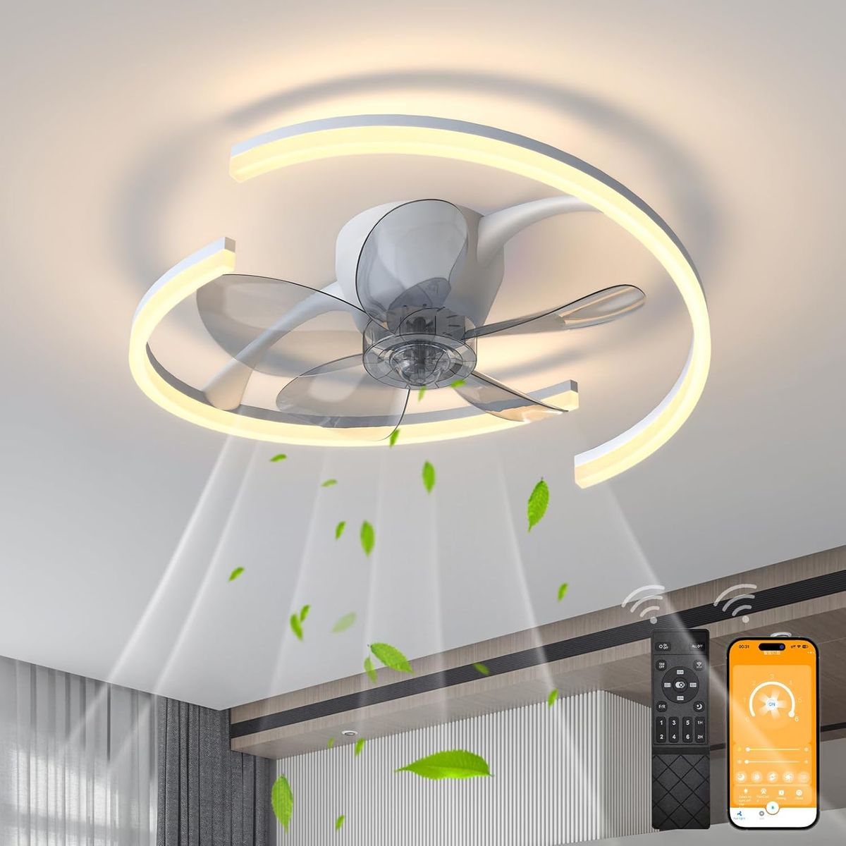 20" Ceiling Fan with Lights App & Remote Control - Double Arm