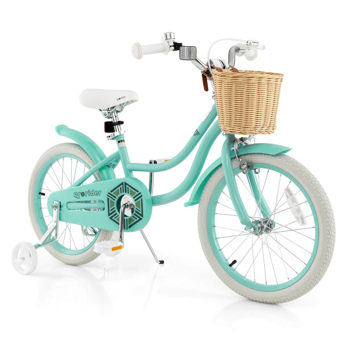 Adjustable Childs Bike with Training Wheels and Basket   Prorider 14 Kids Bike Green
