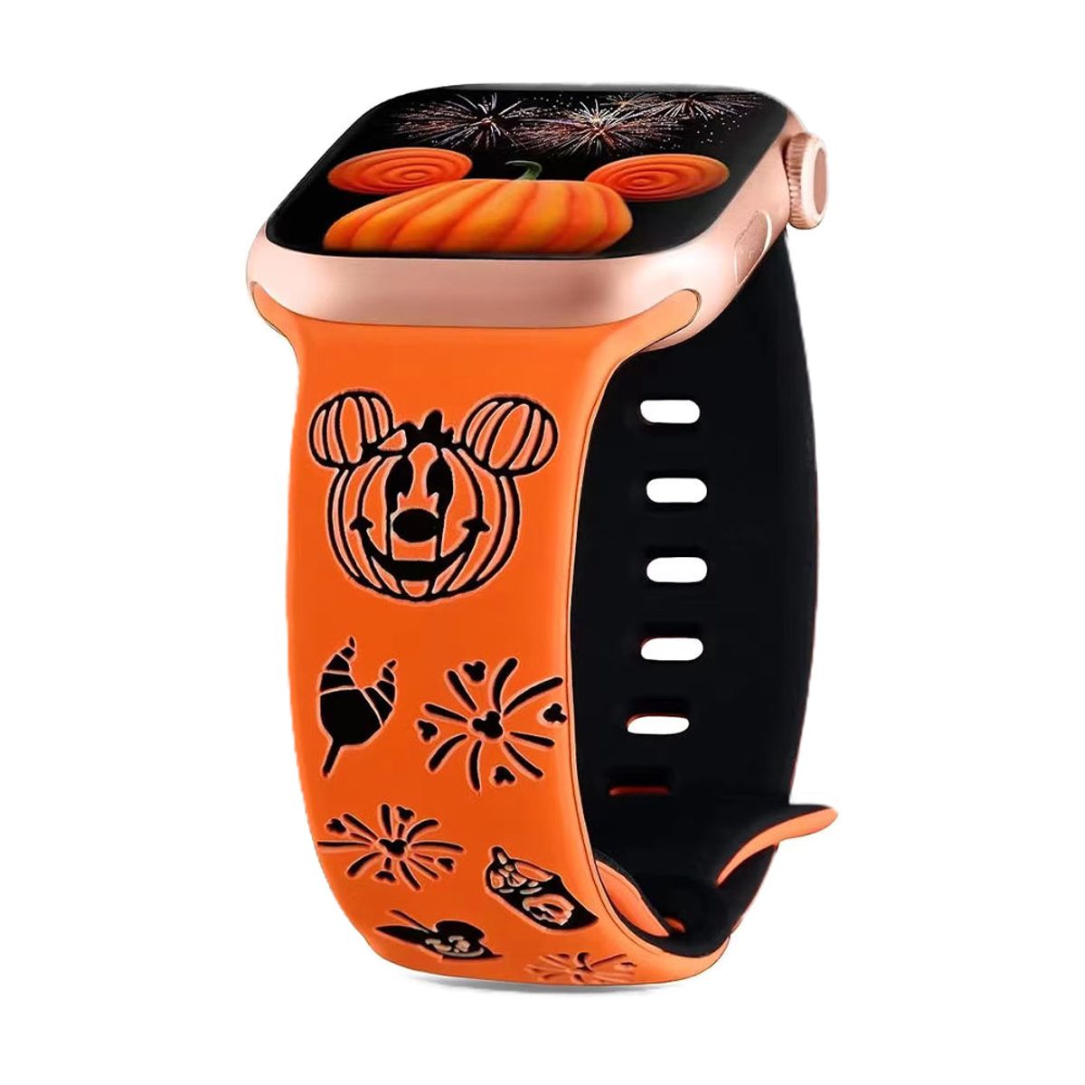 Halloween Cartoon Engraved Silicone Sport Band for Apple Watch - 44/45/46/49mm & 42mm (Series 1-3 Only) / Orange/Black