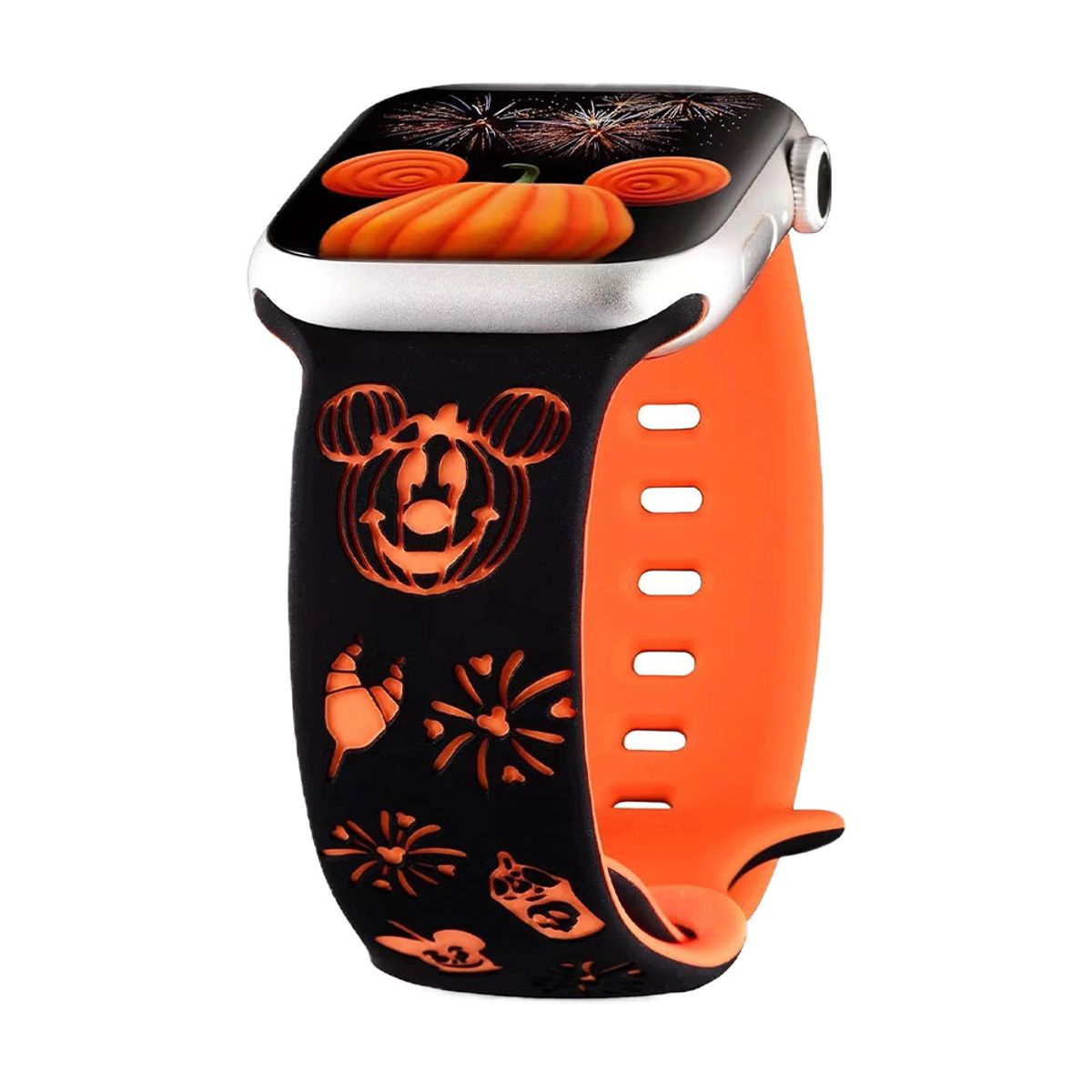 Halloween Cartoon Engraved Silicone Sport Band for Apple Watch - 44/45/46/49mm & 42mm (Series 1-3 Only) / Black/Orange