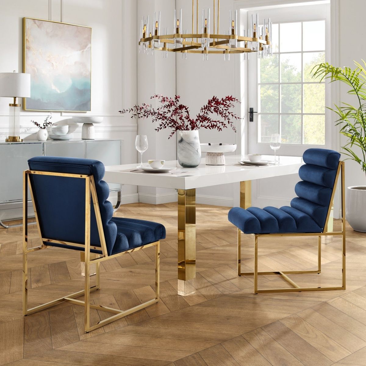 Inspired Home Dalia Armless Dining Chair (Set of 2) - Navy/Gold Velvet