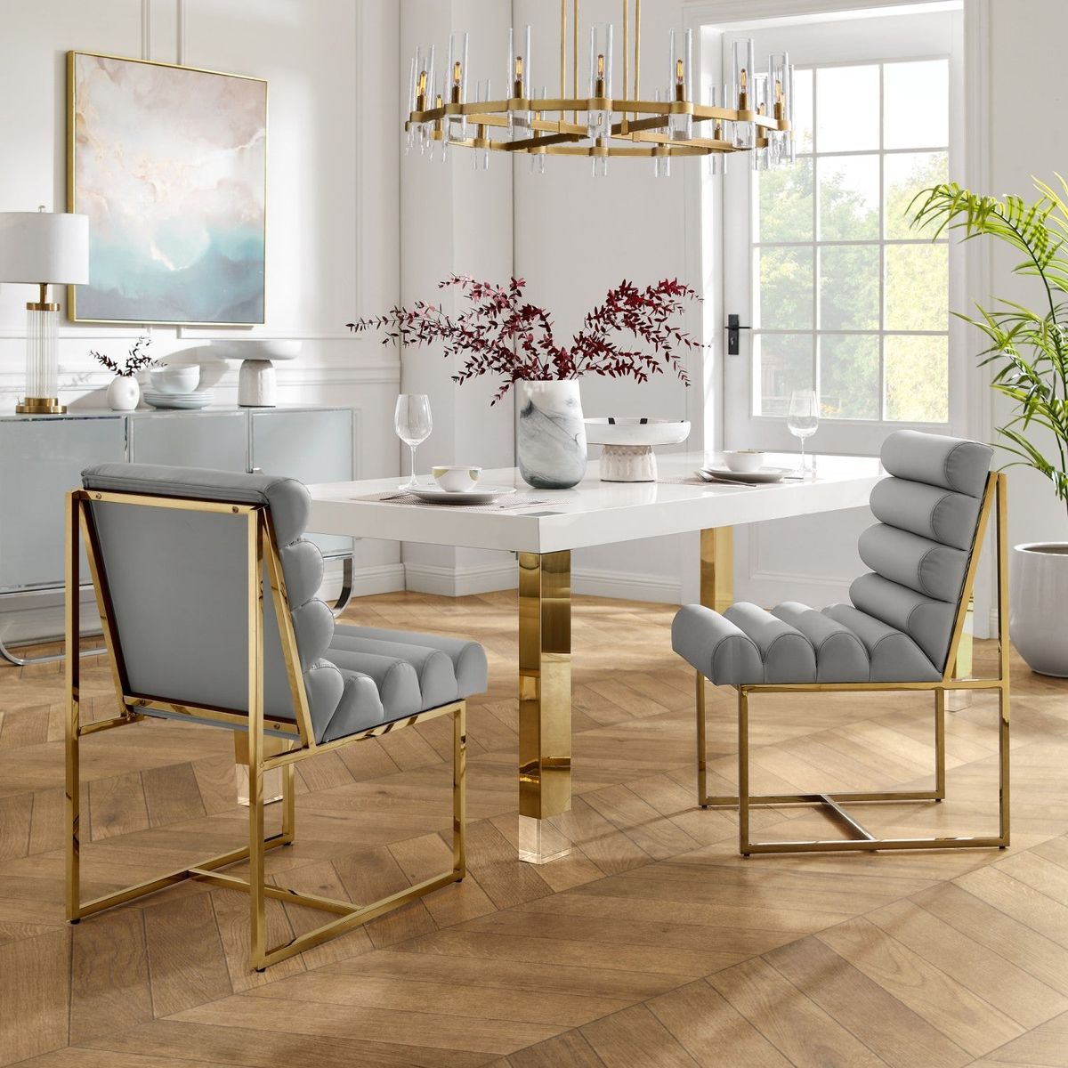 Inspired Home Dalia Armless Dining Chair (Set of 2) - Grey/Gold Leather-image-SKU10748856