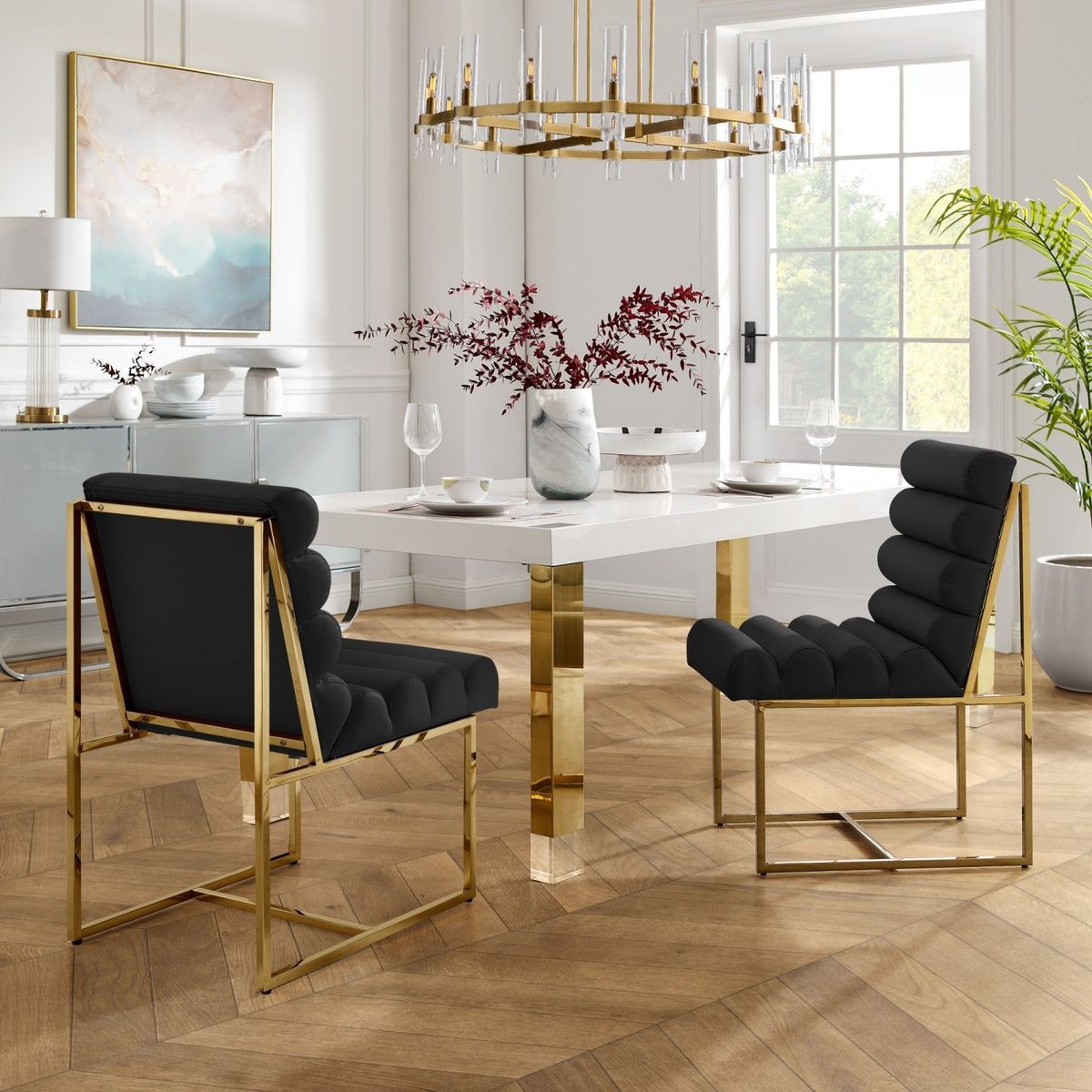 Inspired Home Dalia Armless Dining Chair (Set of 2) - Black/Gold Leather