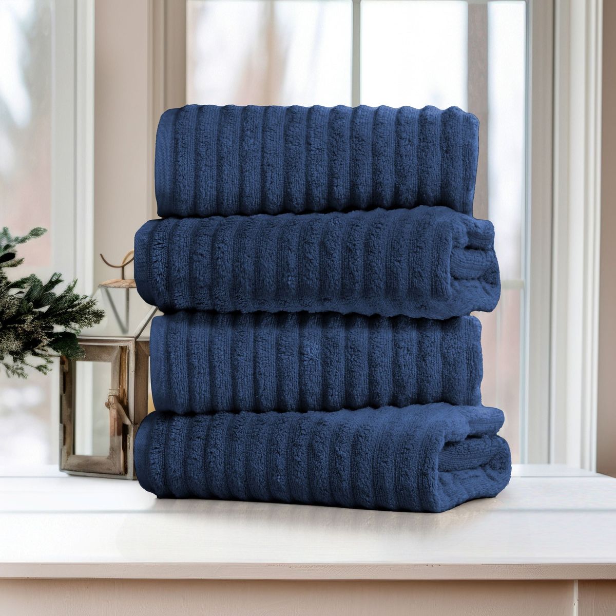 Bibb Home Ribbed Egyptian Cotton Bath Towel Set (4-Pack) - Deep Blue