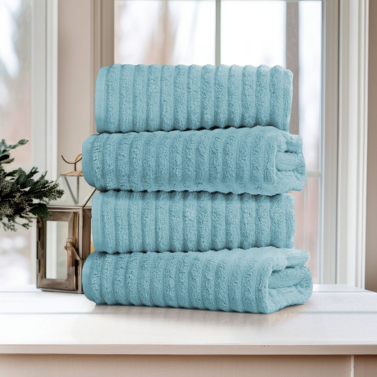Bibb Home Ribbed Egyptian Cotton Bath Towel Set (4-Pack) - Aqua