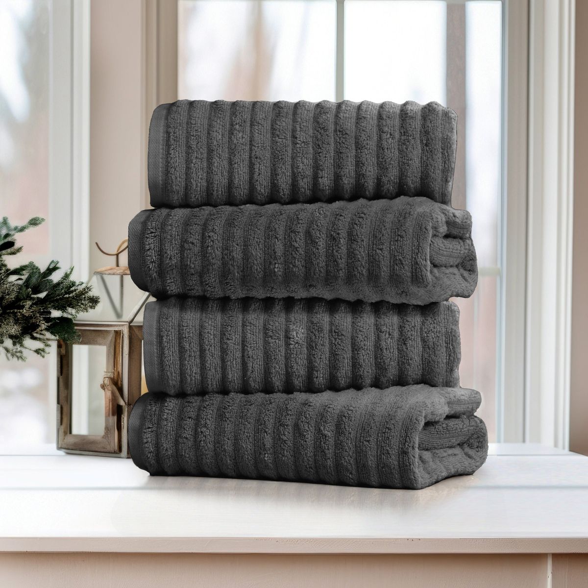 Bibb Home Ribbed Egyptian Cotton Bath Towel Set (4-Pack) - Charcoal