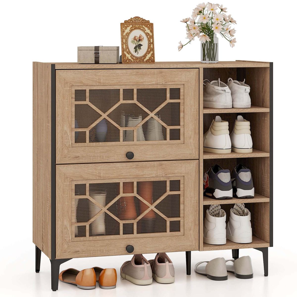 Rustic Shoe Cabinet with Flip-up See-through Doors & Adjustable Shelves - Costway Shoe Storage Cabinet