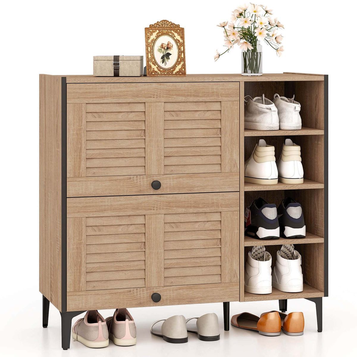 Rustic Shoe Cabinet with Flip-up See-through Doors & Adjustable Shelves - Costway Shoe Storage Cabinet Full Door
