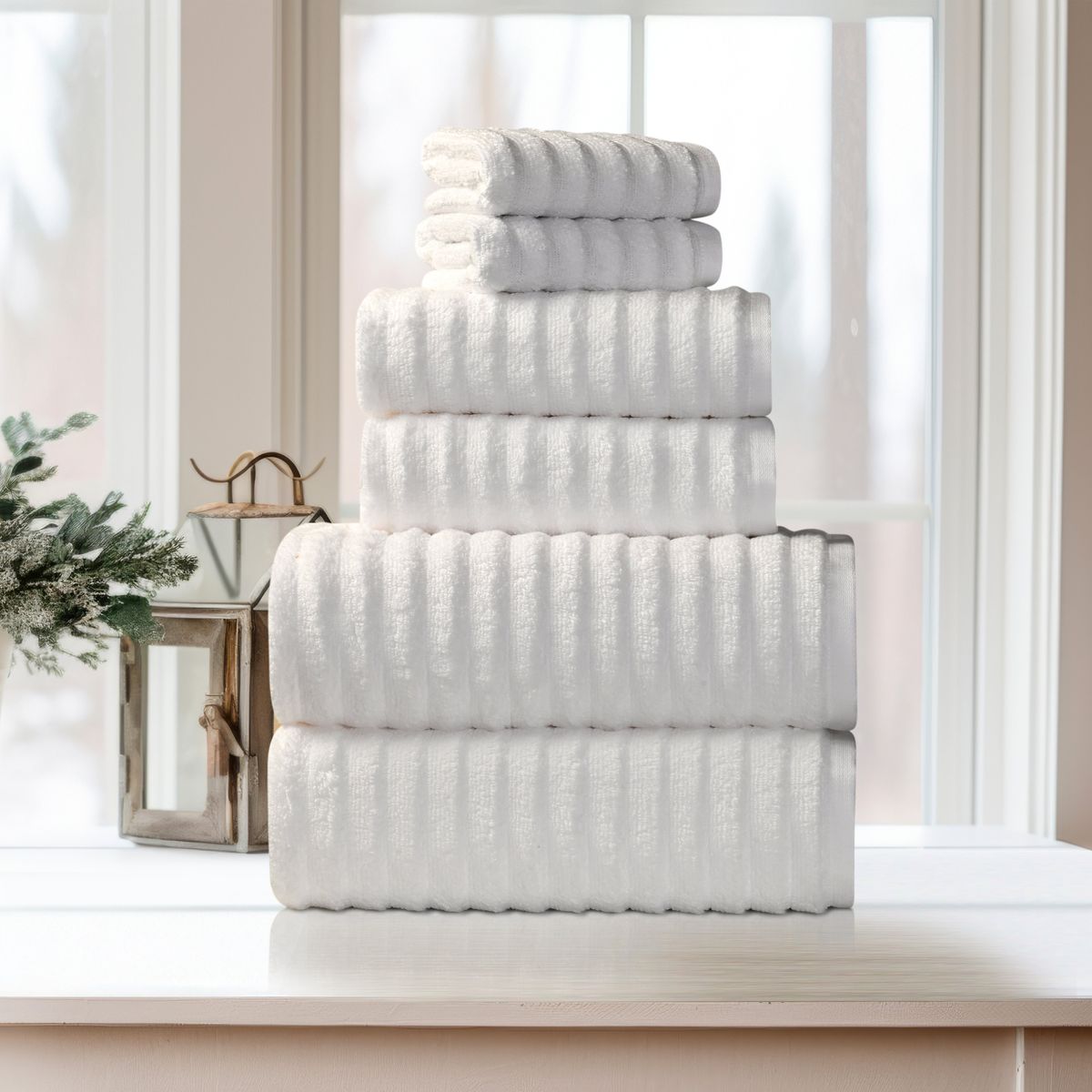 Bibb Home Ribbed Egyptian Cotton Towels (Set of 6) - White