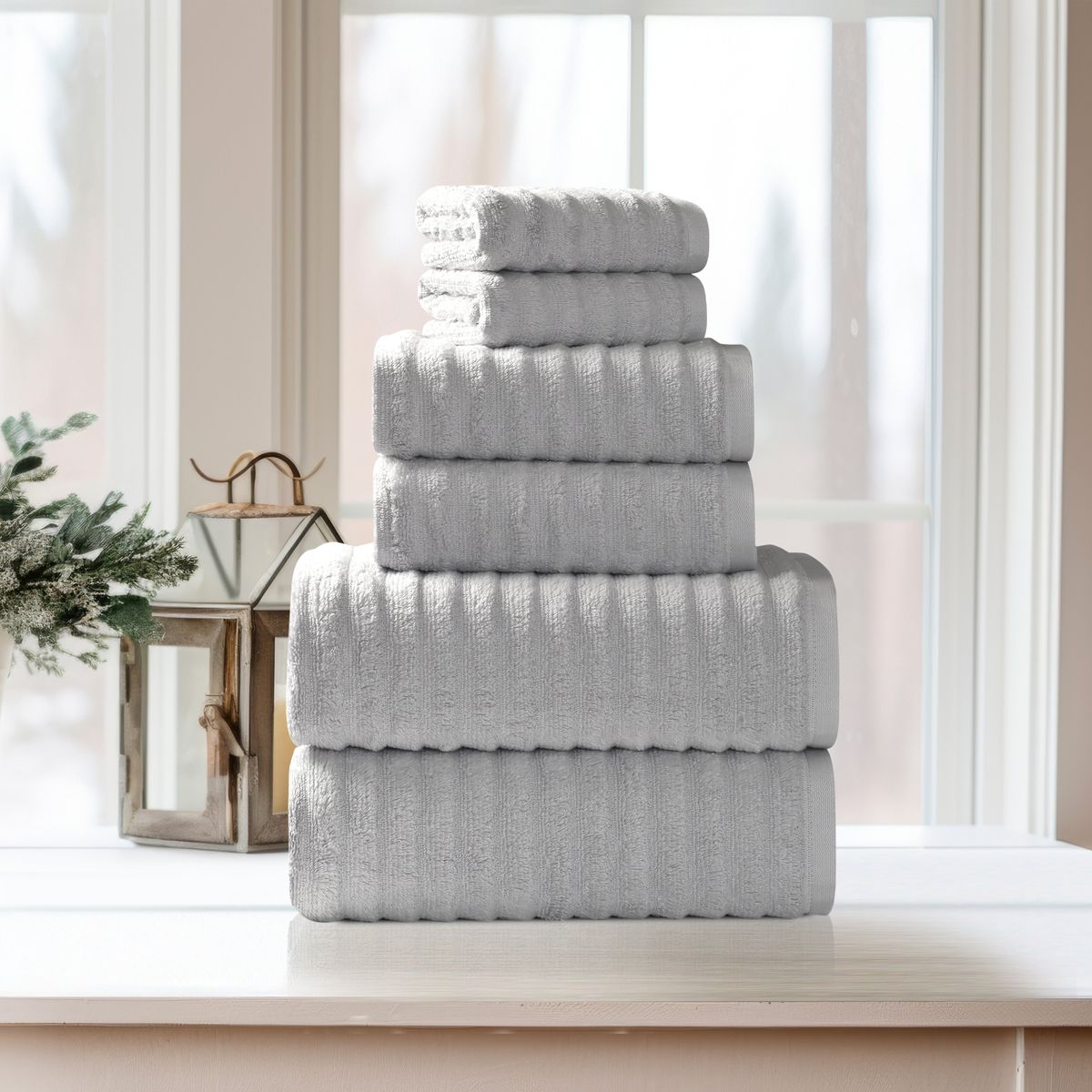 Photos - Towel Bibb Home Bibb Home Ribbed Egyptian Cotton   - Seal Grey 6PCWAVTOWSLGR(Set of 6)