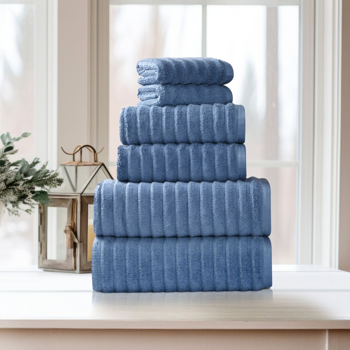 Bibb Home Ribbed Egyptian Cotton Towels (Set of 6) - Deep Blue