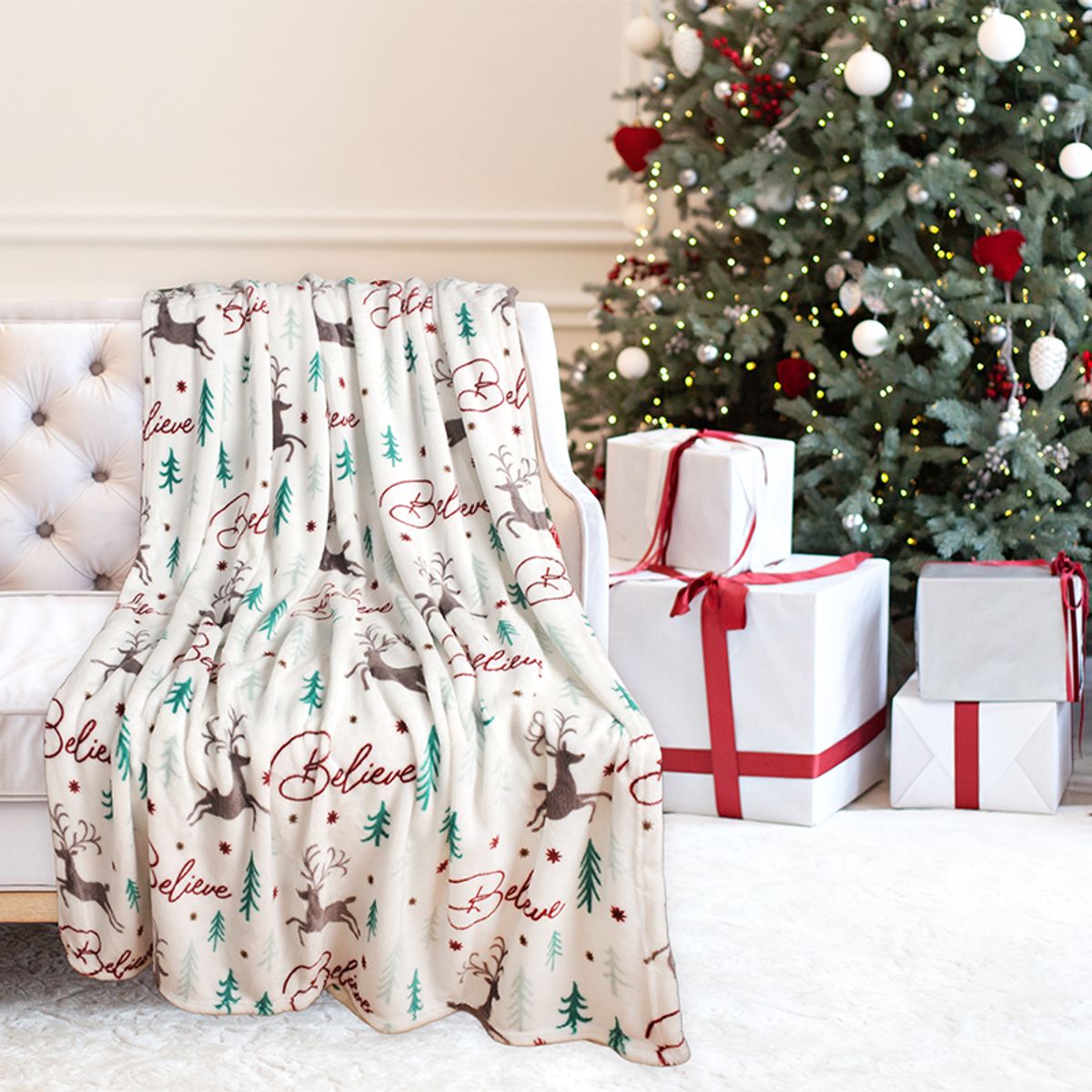 Kathy Ireland Holiday Print Plush Flannel Throw Blanket - Deer Forest