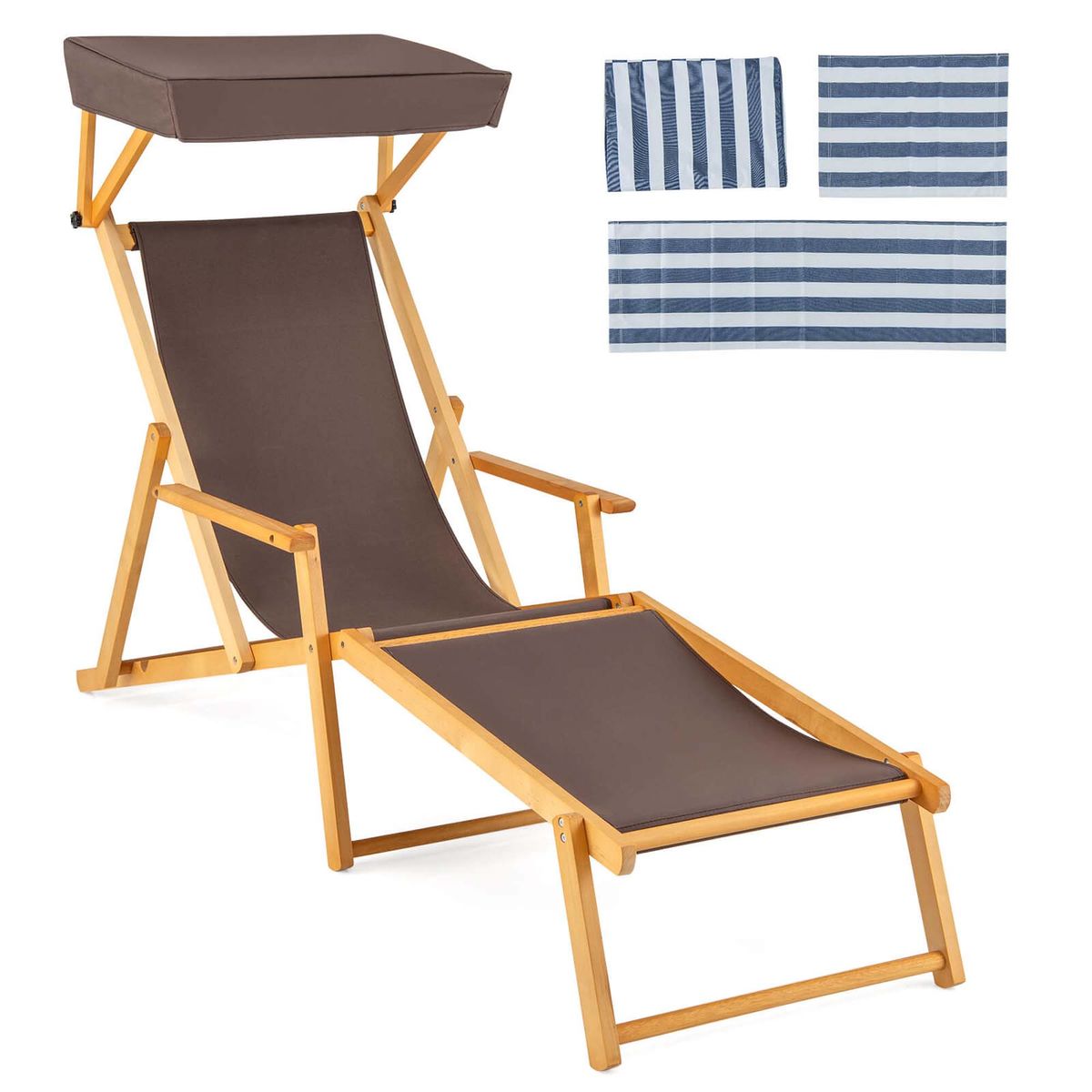 Birch Wood Chaise Lounge Chair with Adjustable Canopy - Brown