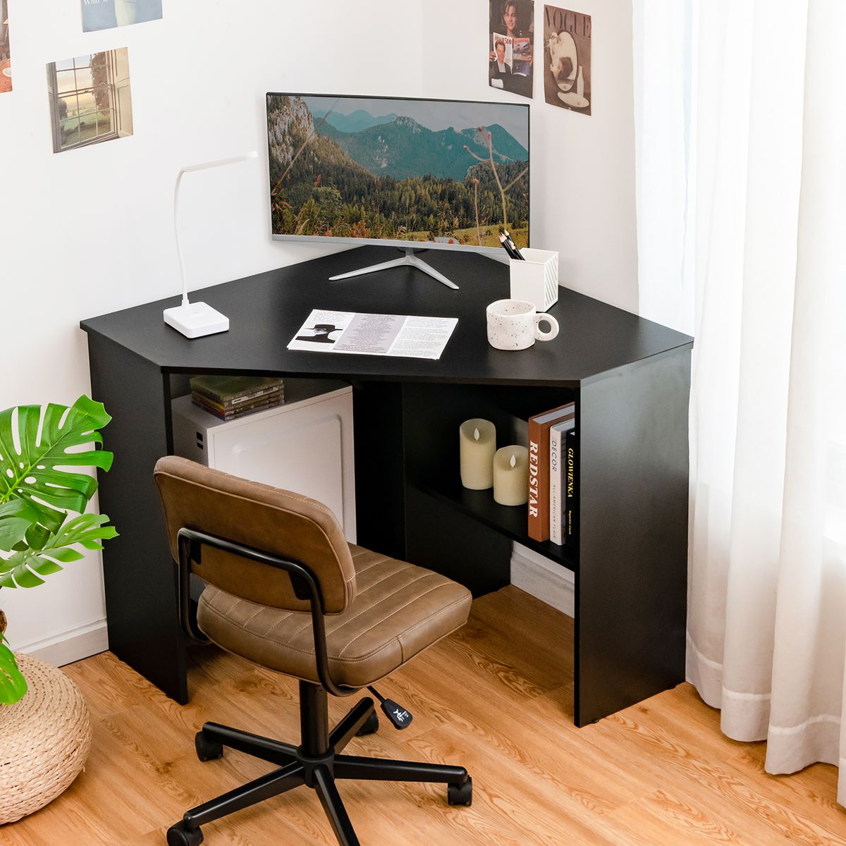 Corner Computer Desk Workstation with Storage Shelf - Black
