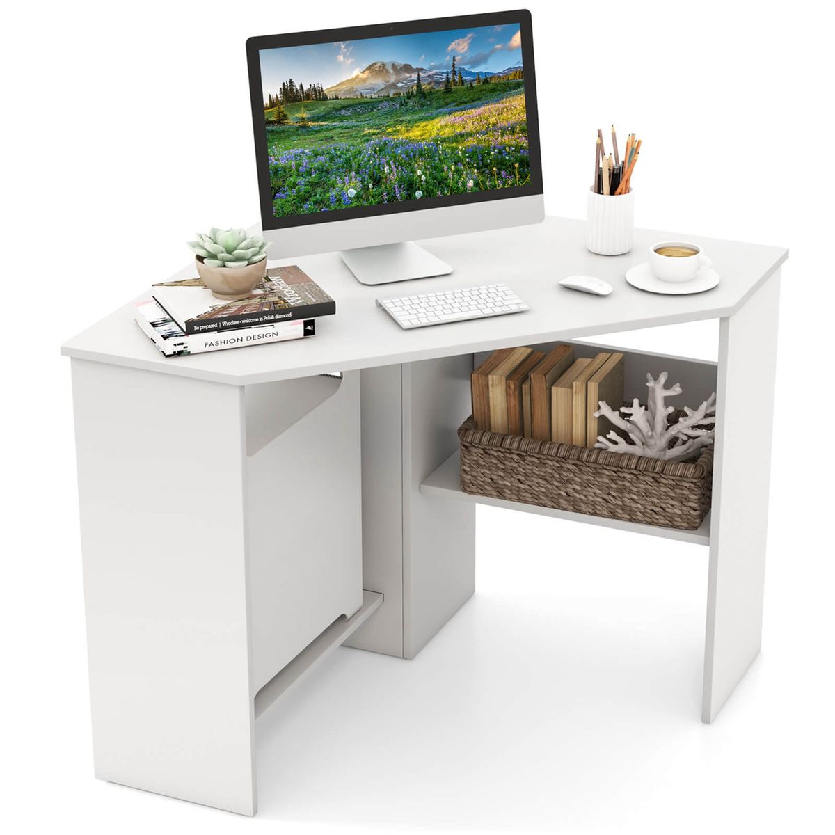 Corner Computer Desk Workstation with Storage Shelf - White