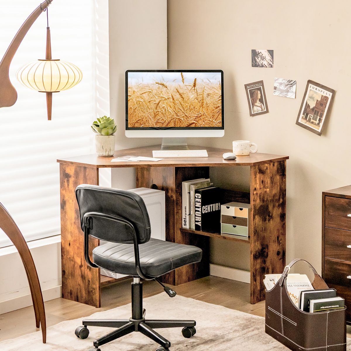 Corner Computer Desk Workstation with Storage Shelf - Rustic