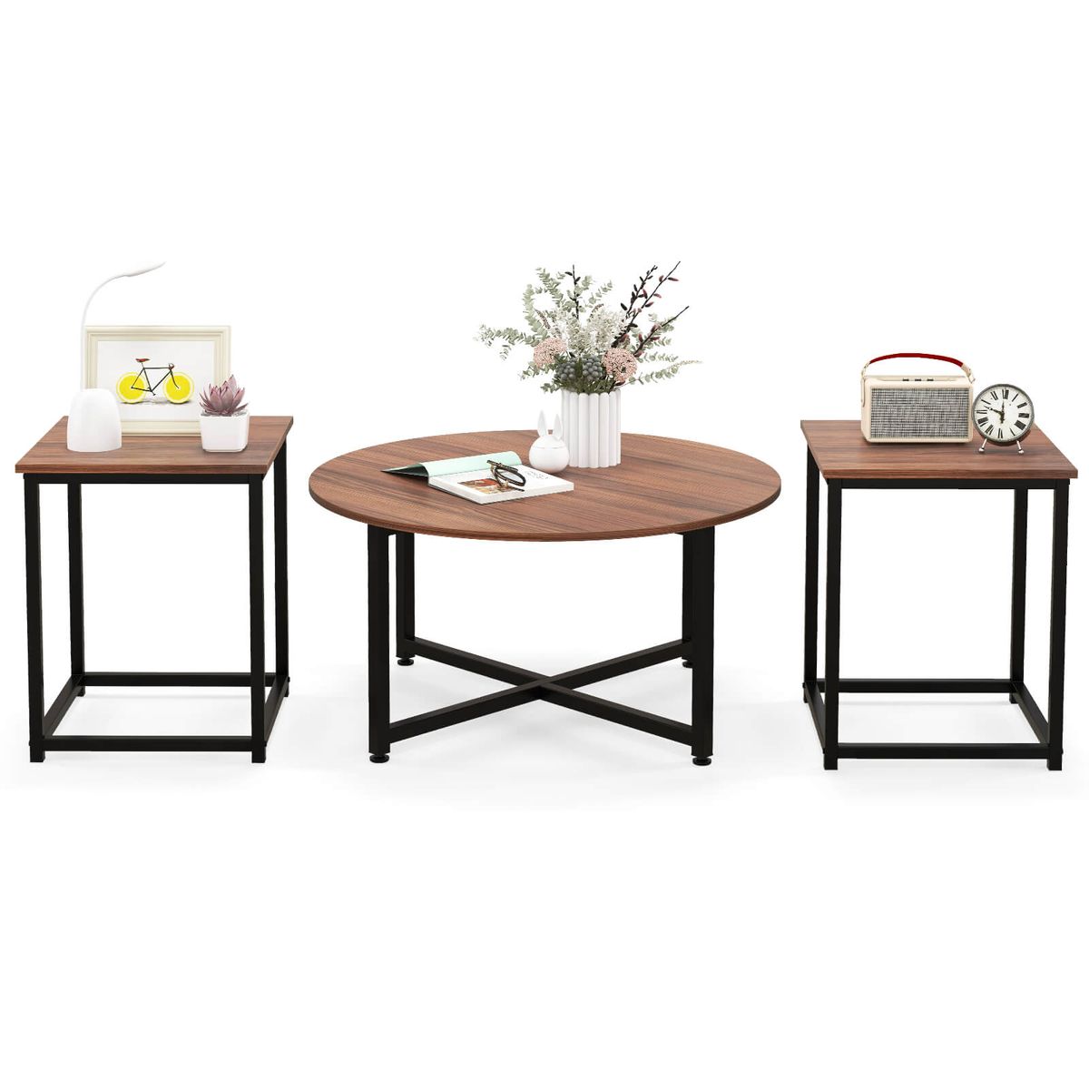 3-Piece Round Coffee Table Set with End Tables - Coffee Table Set-walunt